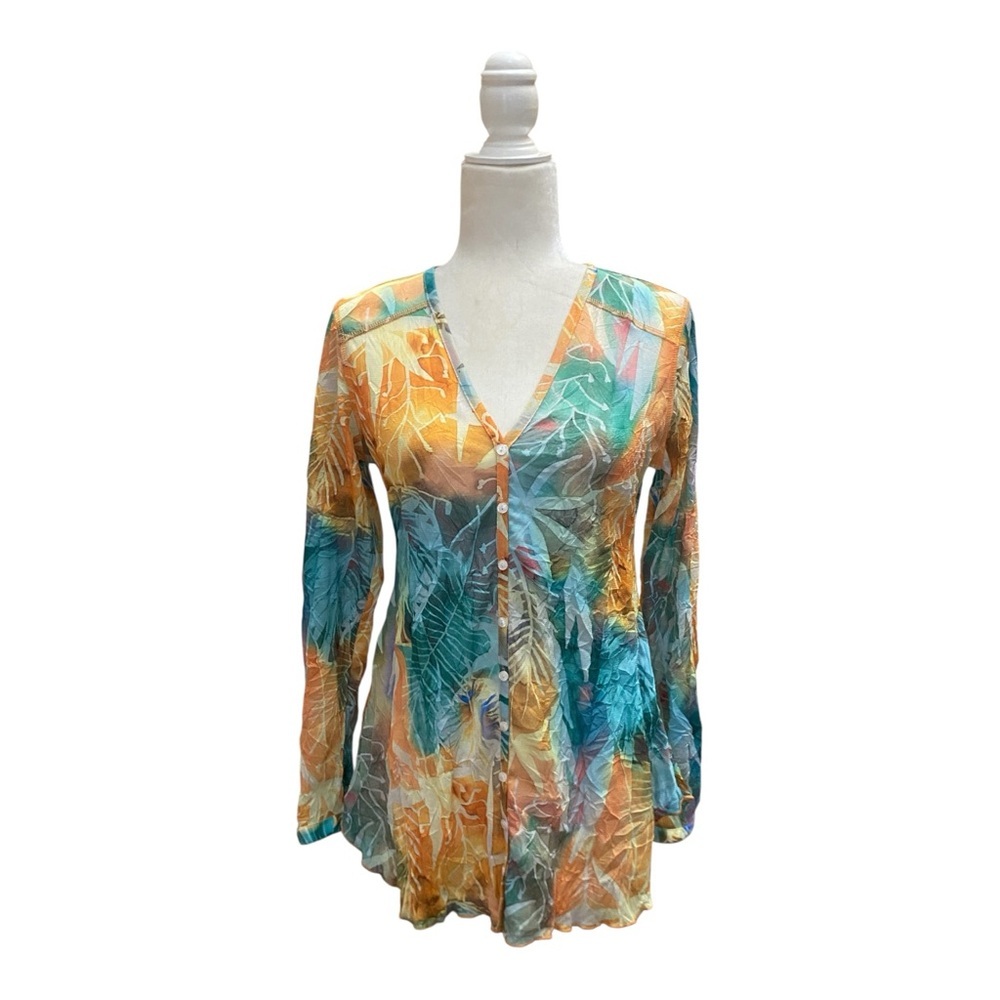 Sno Skins Womens Tie Dye Plant Print Button Blouse Size XS U.S.A. Tropical